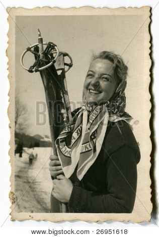 Vintage photo of young skier (1952)