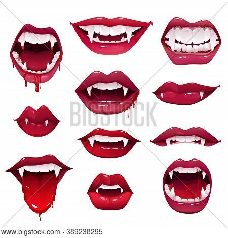 Vampire Mouths And Teeth Vector Set Of Halloween Horror Holiday Monsters. Sexy Female Lips With Fang