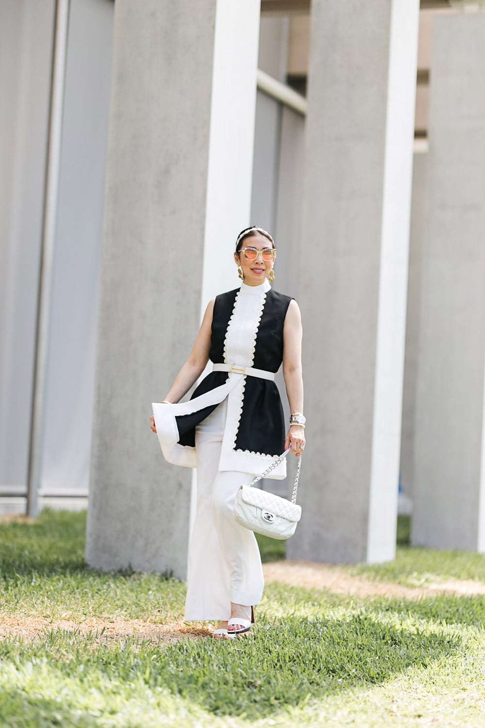 style of sam in vintage black and white daisy dress pant suit