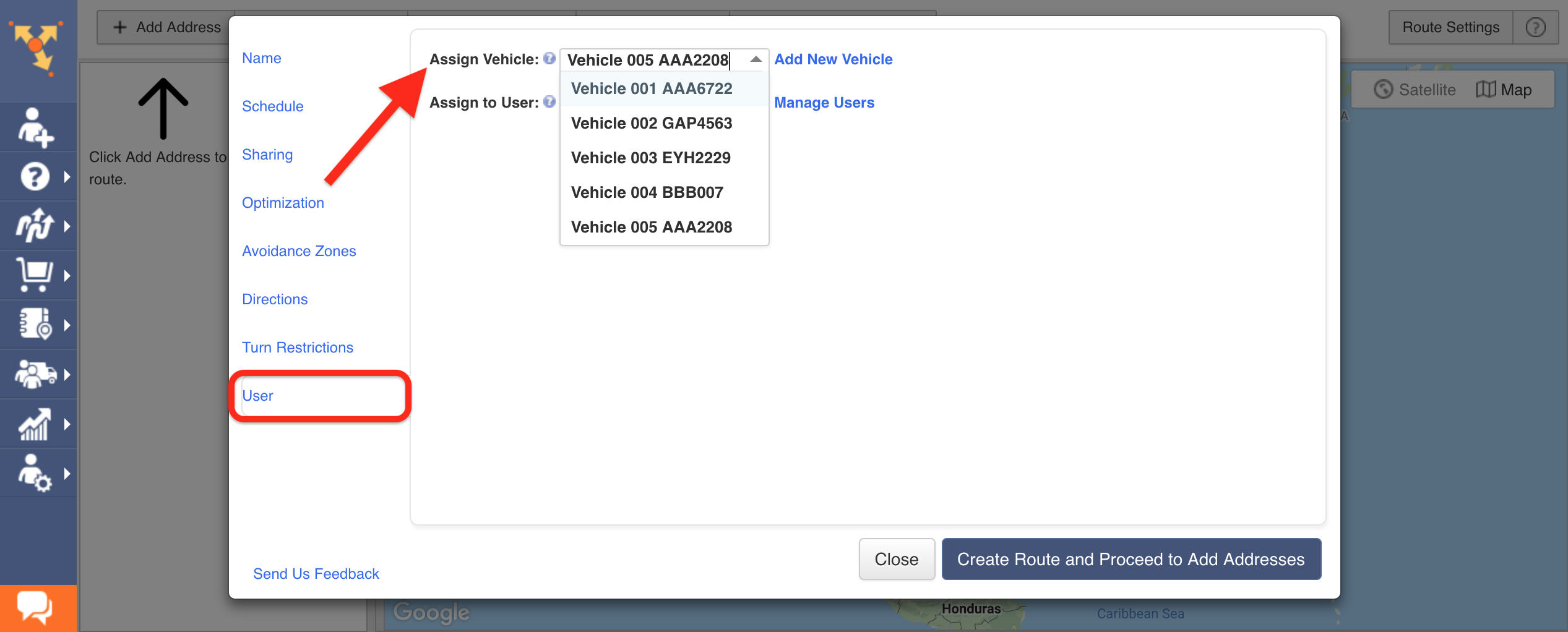 Showing how to assign vehicles and users to a route in Route4Me route optimizer