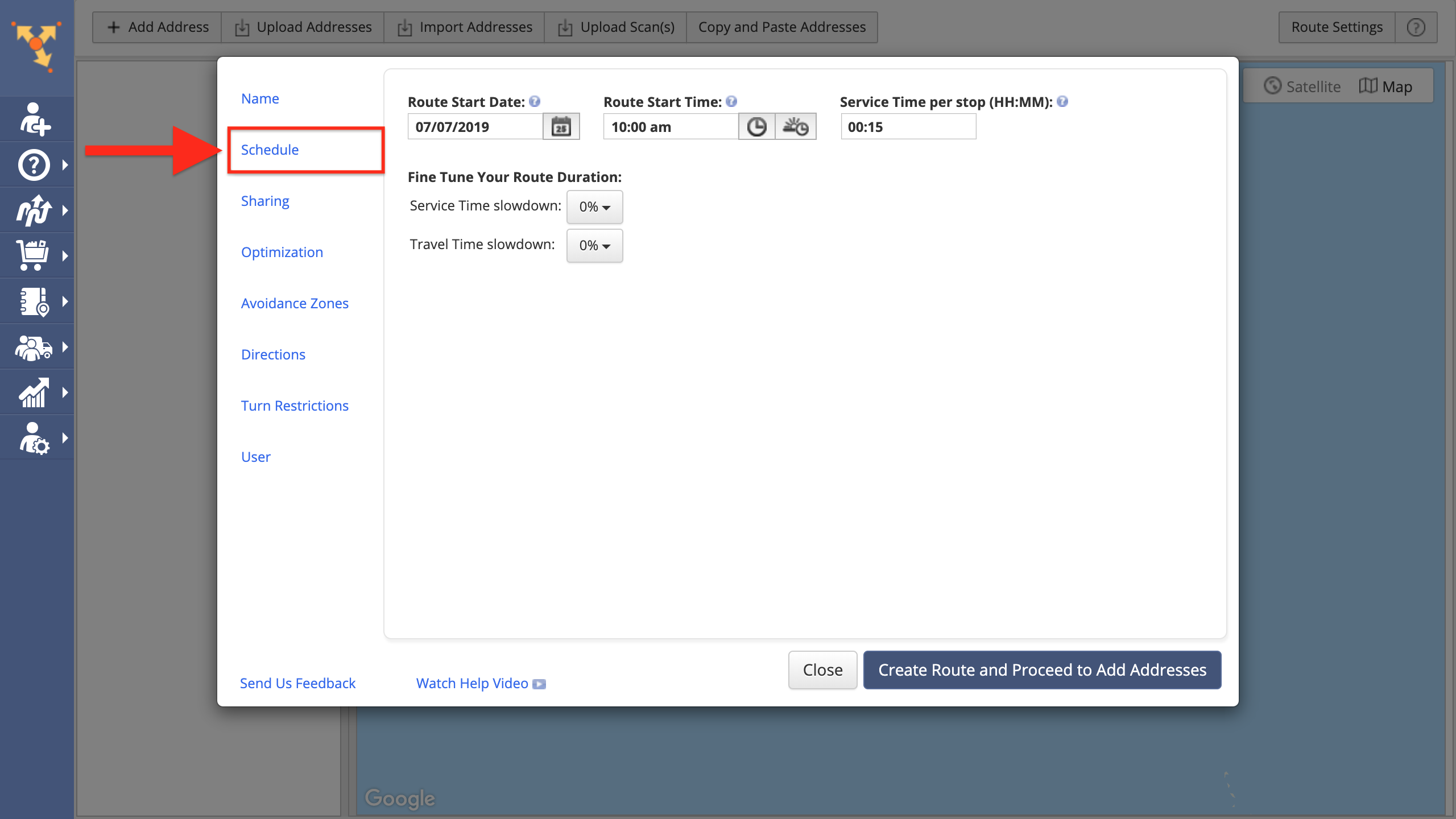 Showing how to set route schedule in Route4Me multi-stop route planner