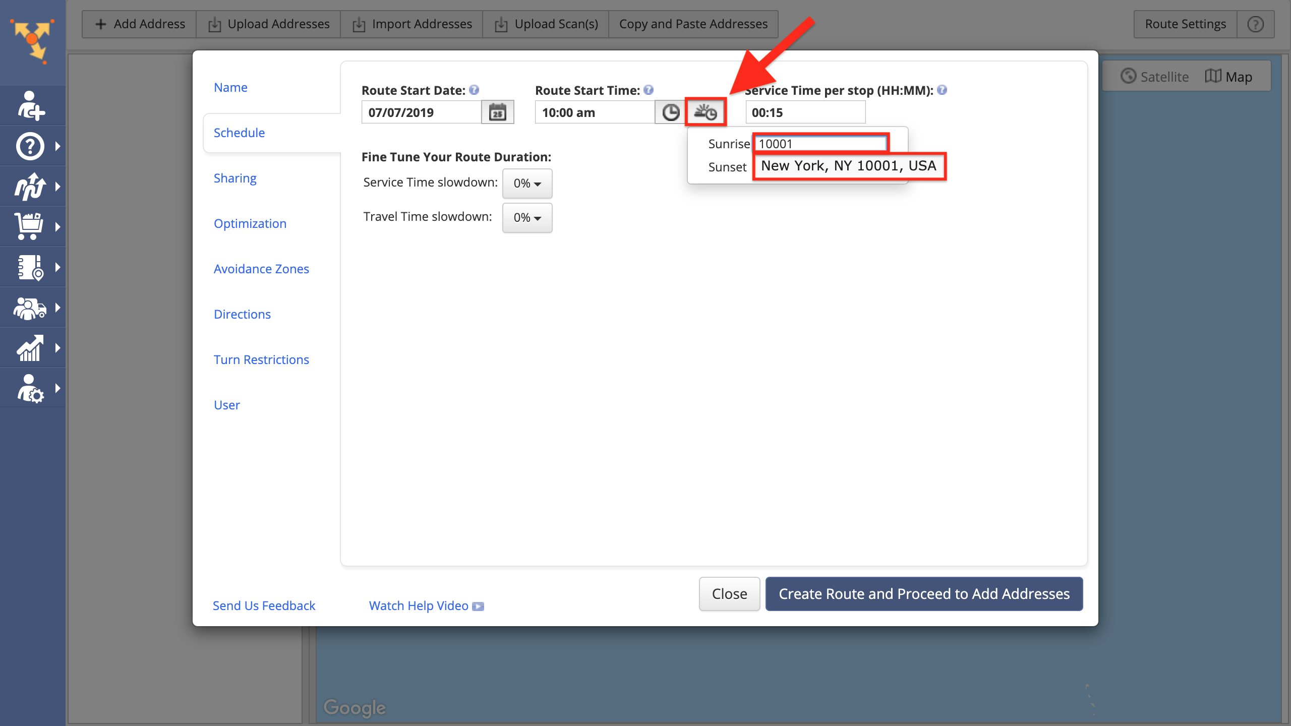 Showing how to schedule routes in Route4Me to start at sunrise or at sunset