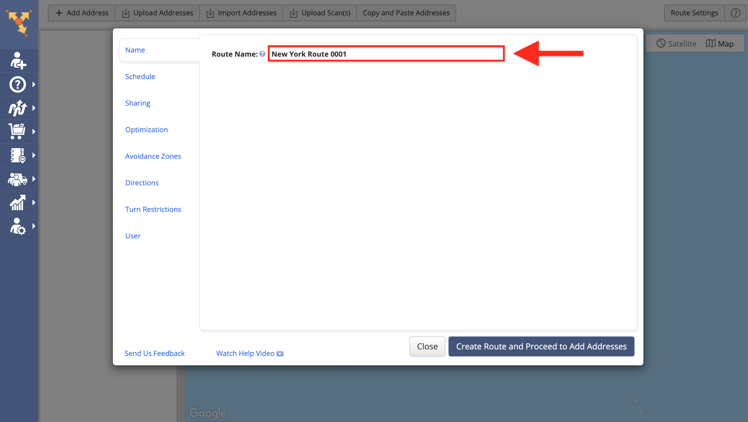 Showing how to add a custom route name while planning routes in Route4Me route optimizer