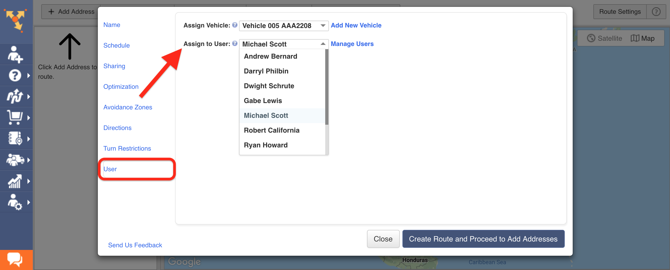 Showing how to select the user that you want to assign to the route in Route4Me route planner