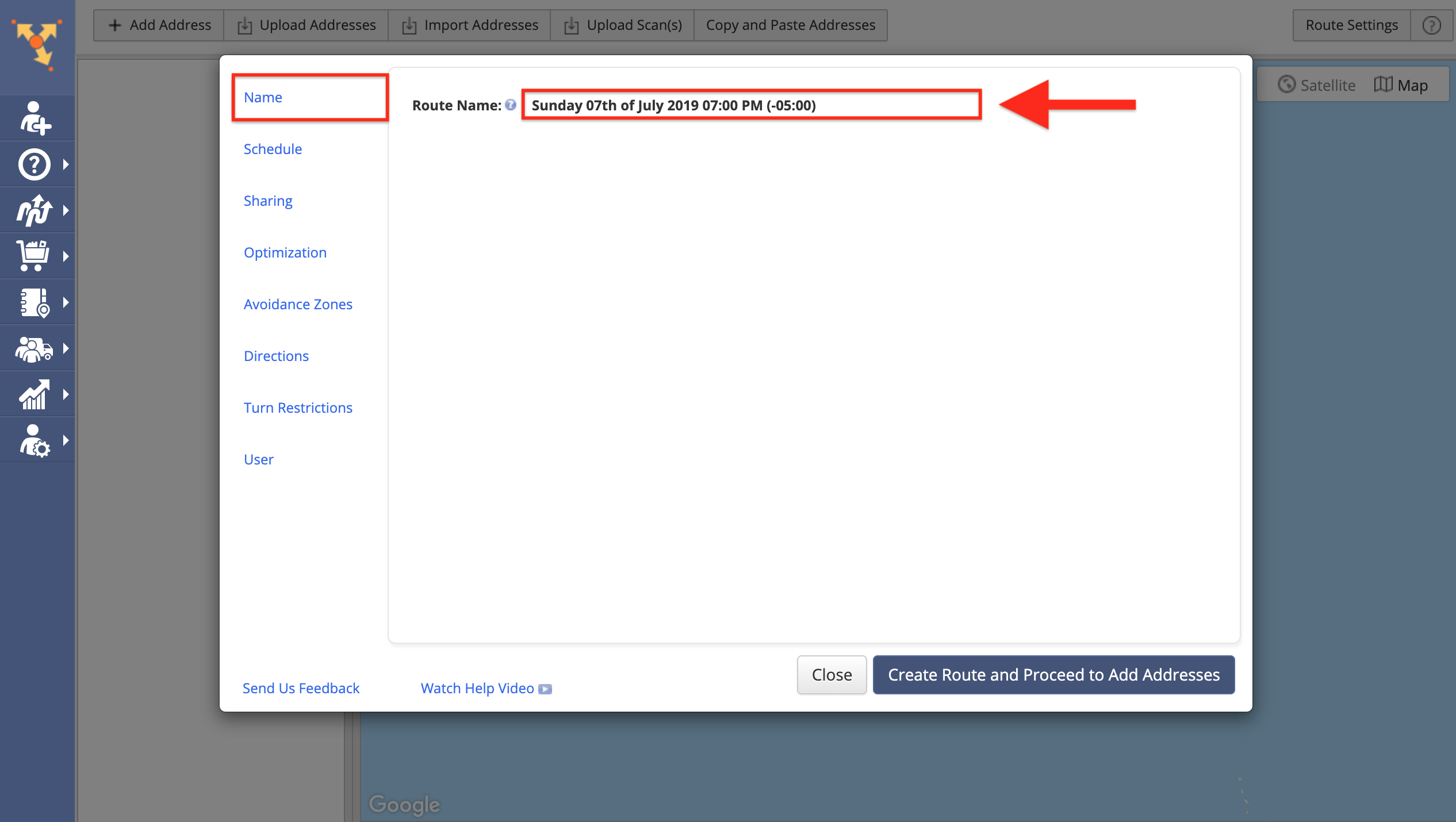 Showing how to name a route in Route4Me route optimization software