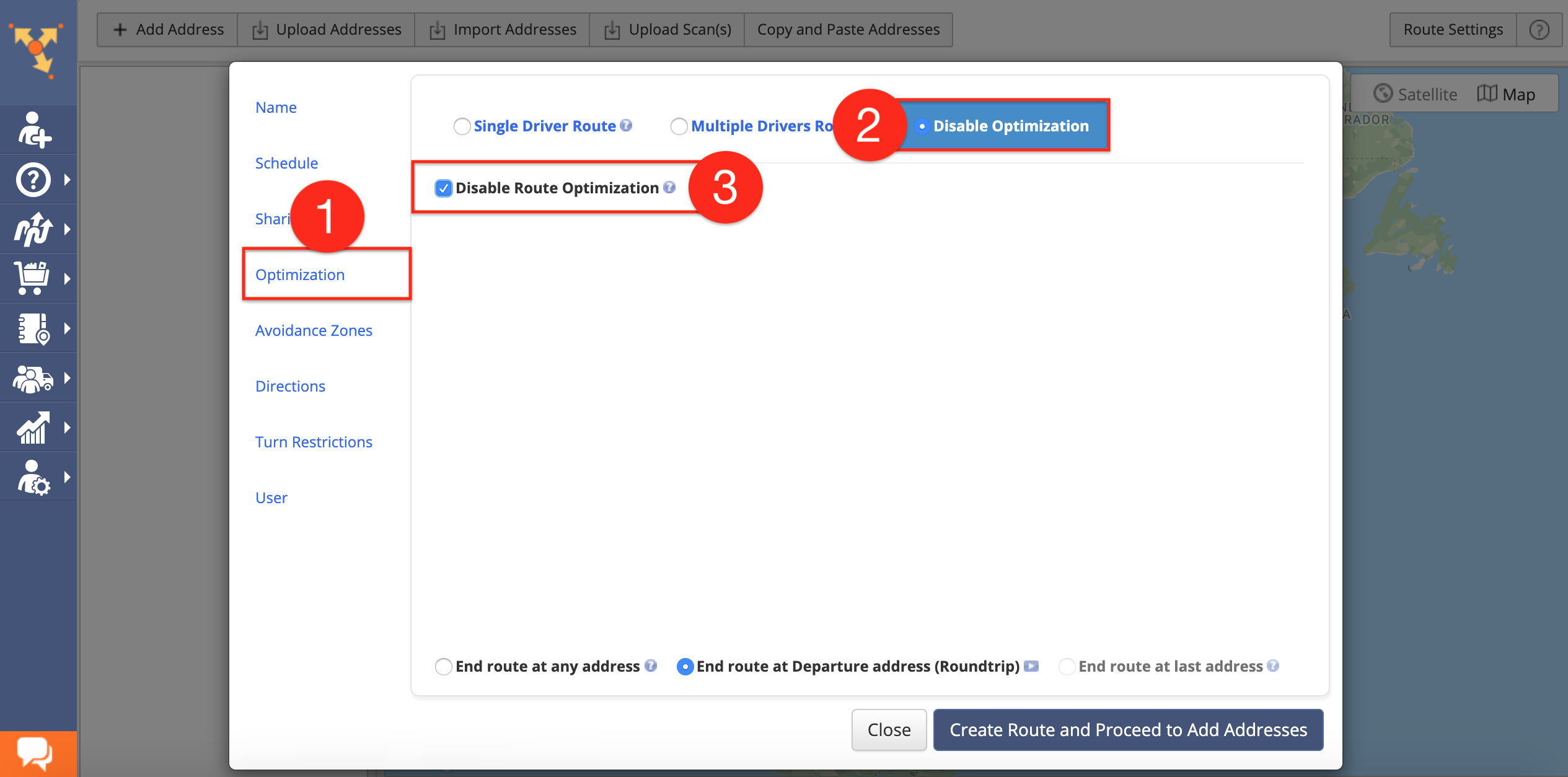 Showing how to enable the disable route optimization in Route4Me route mapping software