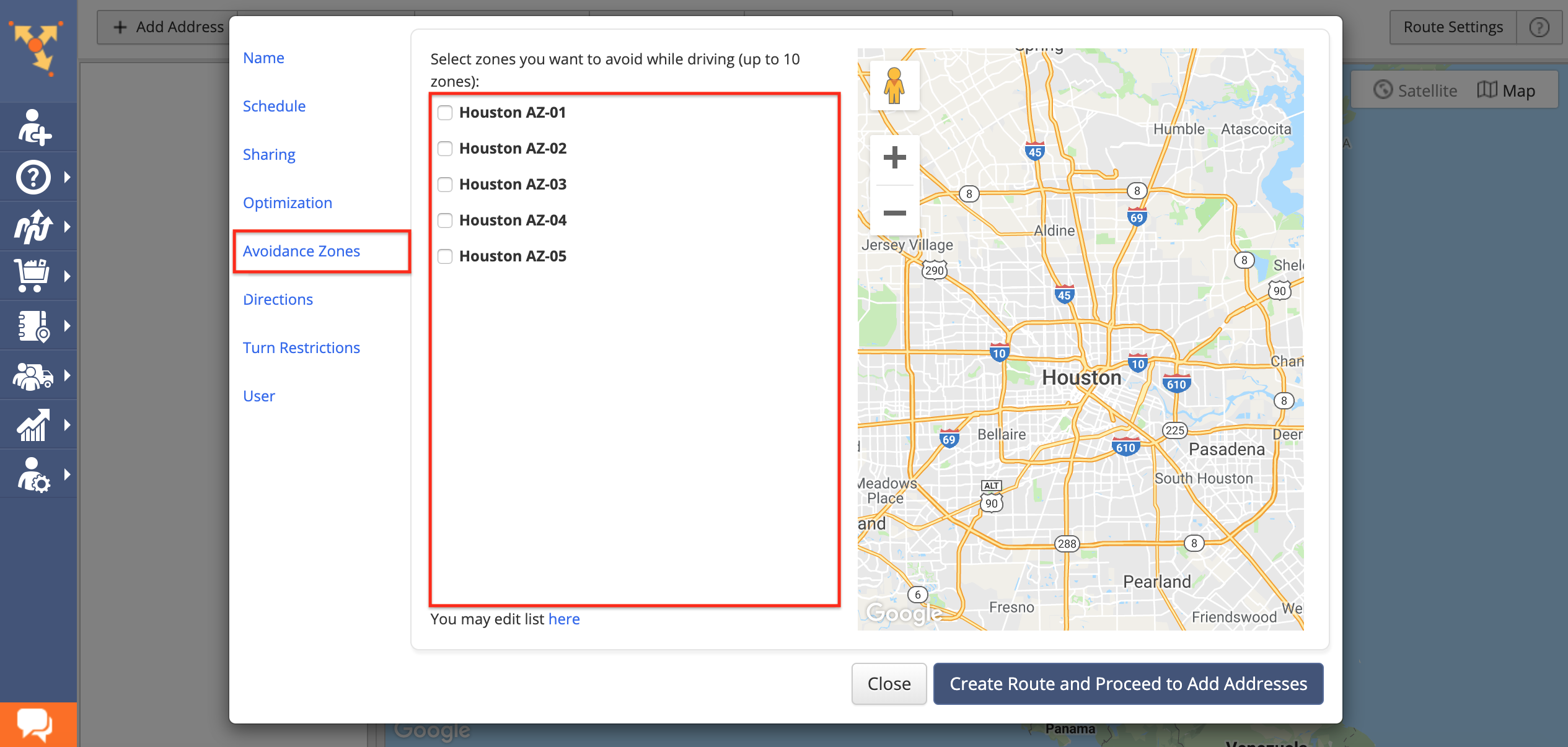 Showing how to create custom-shaped Avoidance Zones in Route4Me route planner