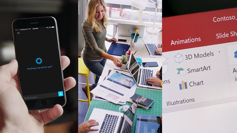 Composite image showing a hand holding a phone with a virtual assistant, a woman working with colleagues at a desk, and a computer screen displaying presentation software